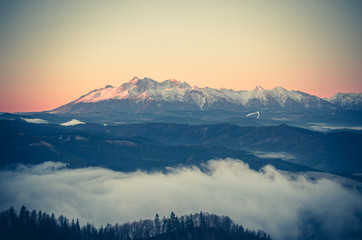 Fototapeta na wymiar Tatra Mountains from Wysoka in Pieniny mountains, autumn morning