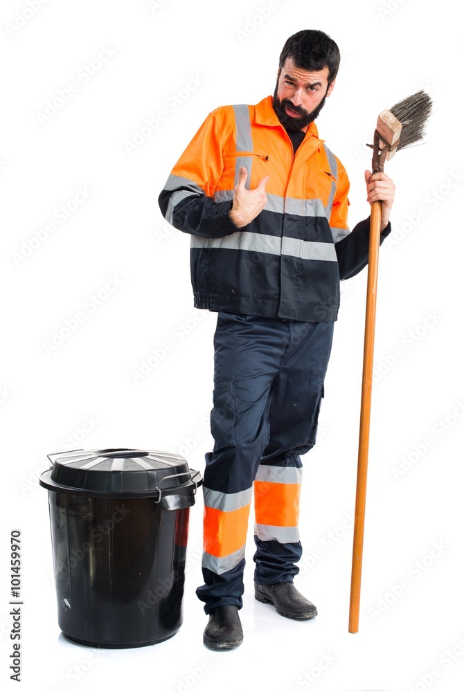 Wall mural Garbage man doing surprise gesture