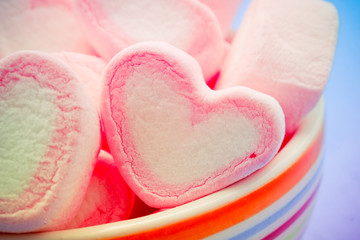 Pink heart shape of marshmallow with filter effect retro vintage