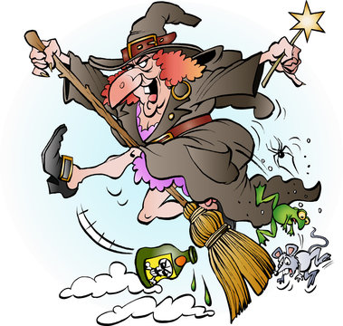 Vector cartoon illustration of a witch riding on her broom