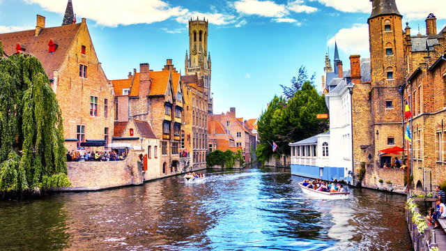 Bruges cityscape with view on Belfry, Belgium. Timelapse, Full HD, 1080p