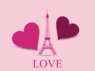 Fototapeta na wymiar Eiffel Tower with hearts. Paris. Postcard Valentine's Day. Vector illustration.