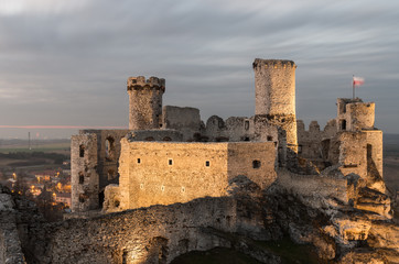 Ruins of medieval castle in Ogrodzieniec, Poland, evening