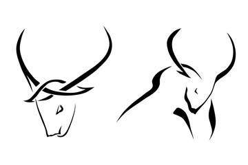 A set of sketches of bulls with large horns isolated on white ba