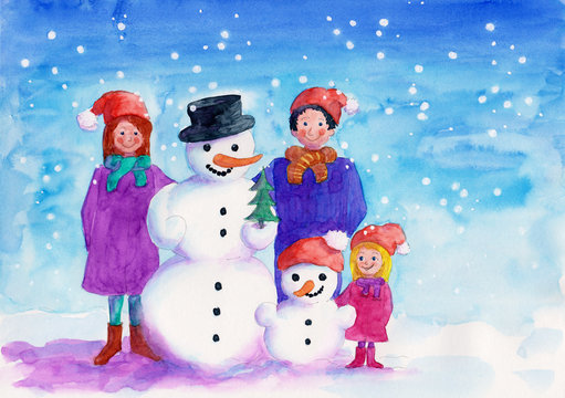 Family with snowman watercolor painting