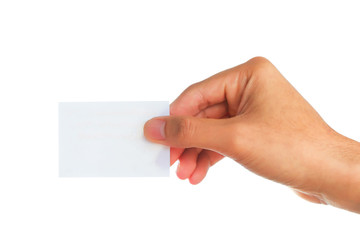 Male hand showing blank paper on white background.