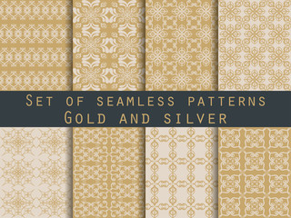 Set of seamless patterns. Geometric patterns. The pattern for wallpaper, tiles, fabrics and designs. Gold and silver color.