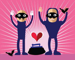 Robbers giving up. Vector illustration of Bad Guys steal heart concept - love, dating, danger, relationship subjects. Romantic thieves in mask on their faces hold hand up. Pink sunburst background.