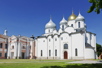 Fototapeta na wymiar The cathedral of St. Sophia (the Holy Wisdom of God) in the Novgorod Kremlin, Russia