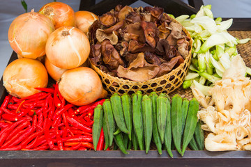 Fruit market with various colorful fresh fruits and vegetables