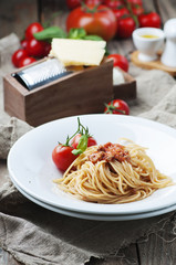 Italian pasta bolognese with meat and tomato