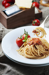 Italian pasta bolognese with meat and tomato