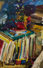 Beautiful Original Oil Painting with still life with  train, books, teapot with flowers On Canvas in the style of Impressionism