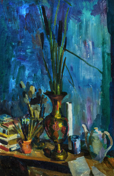 Beautiful Original Oil Painting with still life with  vase on the table with cane brush candle, teapot, books On Canvas in the style of Impressionism
