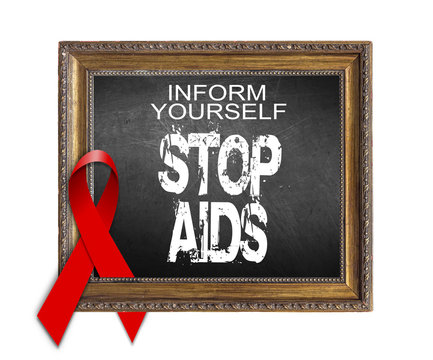 Inform Yourself STOP AIDS World Aids Day Concept With Red Ribbon And Aids Awareness