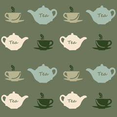 Seamless vector pattern with tea pots and tea cups