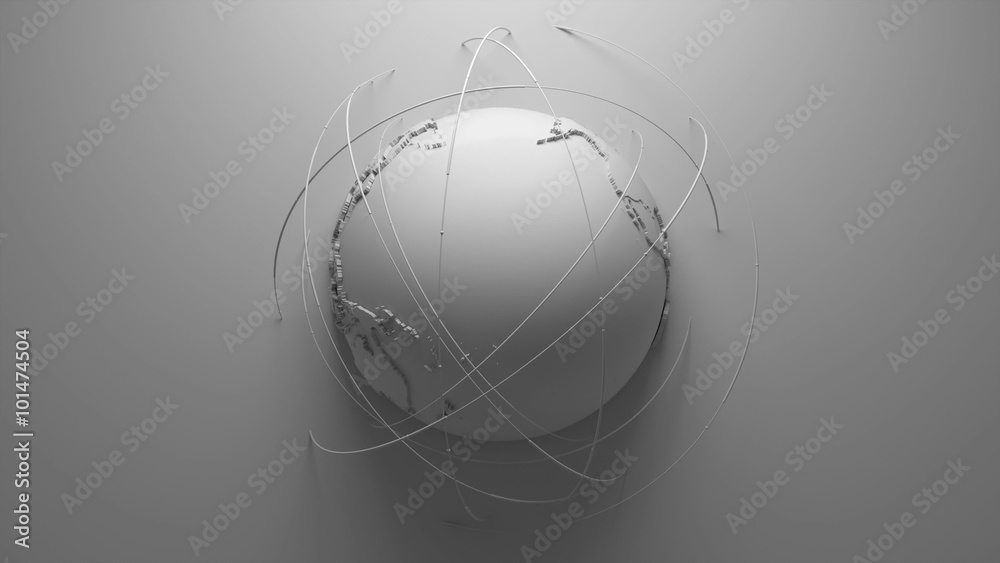 Poster monochrome abstract background with loopable rotation of earth globe, continets are with countries r