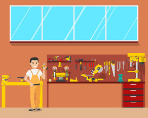 View of the interior of the workplace carpenter in a workshop. Woodworking and carpentry, construction tools. Vector illustration