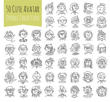 Cartoon funny user avatars in trendy hand drawn doodle style. Set of women, men character faces, professions, hobby. Cute vector illustration isolated on white. All people are grouped.