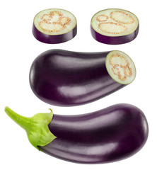 Isolated whole and cut eggplants collection