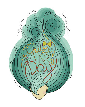 Colored doodle typography poster with beautiful woman, haircut with blue hair. Cartoon cute card on beauty  theme with lettering text -  Crazy hair Day. Hand drawn funny vector isolated on white.
