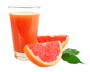 Citrus juice and fresh fruits isolated on white