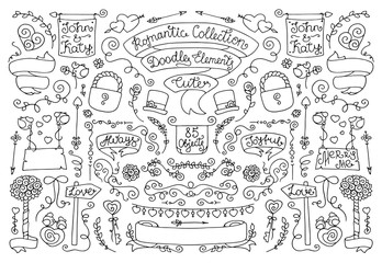 Doodle vintage decorative elements with birds, hearts, ribbon, flowers, arrows, lettering. Romantic for design wedding, valentine day. Hand drawn vector illustration isolated on white.
