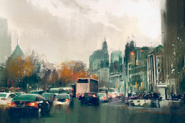 painting of city street view with traffic,Shanghai The Bund