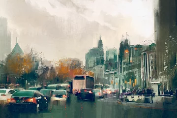  painting of city street view with traffic,Shanghai The Bund © grandfailure