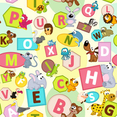 seamless pattern with geometric shapes and animals alphabet - vector illustration, eps