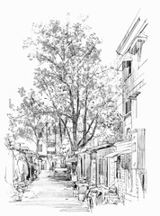 sketch of narrow street with old buildings in China