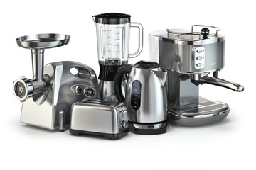 Metallic kitchen appliances. Blender, toaster, coffee machine, m