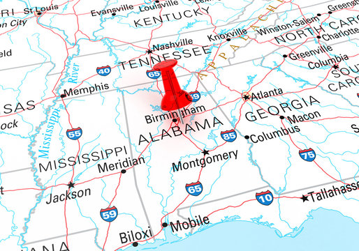 Red Thumbtack Over Alabama, Map is Copyright Free Off a Governme