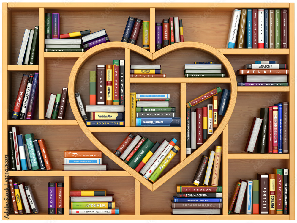 Poster Education concept. Bookshelf with books and textbooks in form of