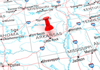 Red Thumbtack Over Arkansas, Map is Copyright Free Off a Governm - obrazy, fototapety, plakaty