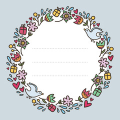 Obraz premium Romantic round frame with flowers, hearts, gifts and birds