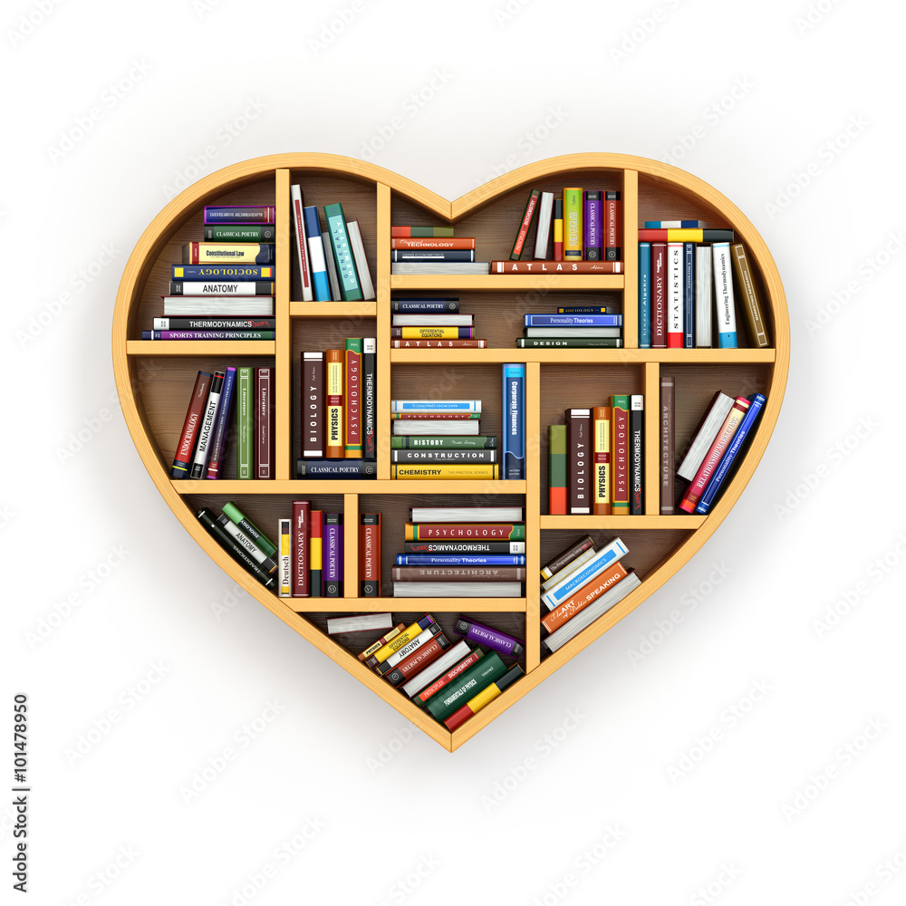 Poster Education concept. Bookshelf with books and textbooks in form of