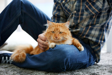 Man holding a fluffy red cat on a carpet