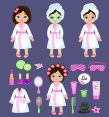 Girl in white bathrobe takes spa treatments.Vector illustration isolated on background.