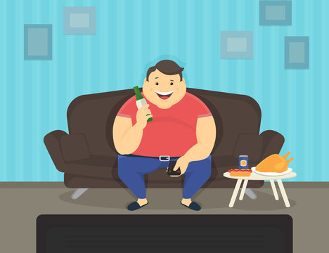 Fat man sitting at home on the sofa watching tv and drinking beer. Flat illustration of unhealthy lifestyle and resting at home