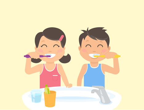 Happy kids brushing teeth standing in the bathroom near sink. Flat illustration of children teeth care and healthy lifestyle and hygiene