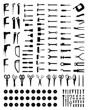 Set of black silhouettes of tools, vector