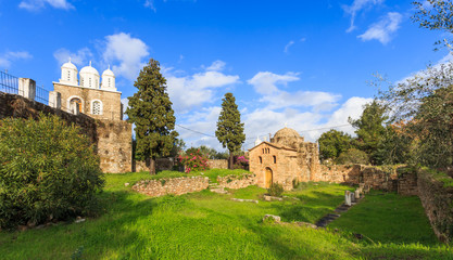 Fototapeta na wymiar byzantine church on ancient temple ruins near Koroni, Peloponnese
