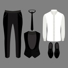 Set of trendy men's clothes. Outfit of man vest, pants, shirt and accessories. Men's wardrobe. Vector illustration