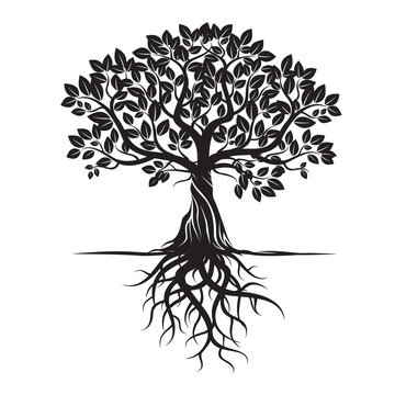 Black Tree and Roots. Vector Illustration.