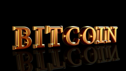 Bitcoin sign in gold letters isolated on black background