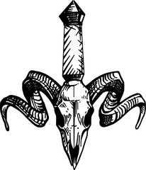 Эскиз татуировки олдскул, череп с рогами, рукоять кинжала - obrazy, fototapety, plakaty