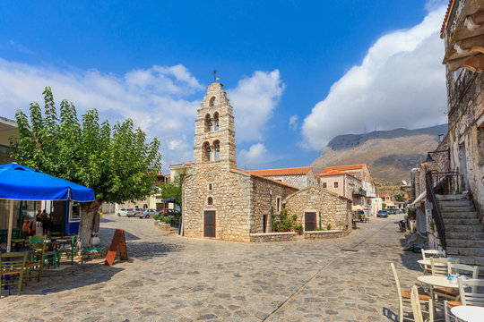 traditional paved street in Areopolis town, Greece, Europe