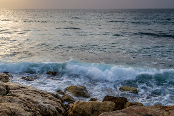 Seascape, Mediterranean sea in winter evening. Tel Aviv