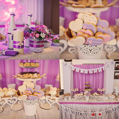 Colorful cakes collage. Dessert table for a party. Ombre cake, c